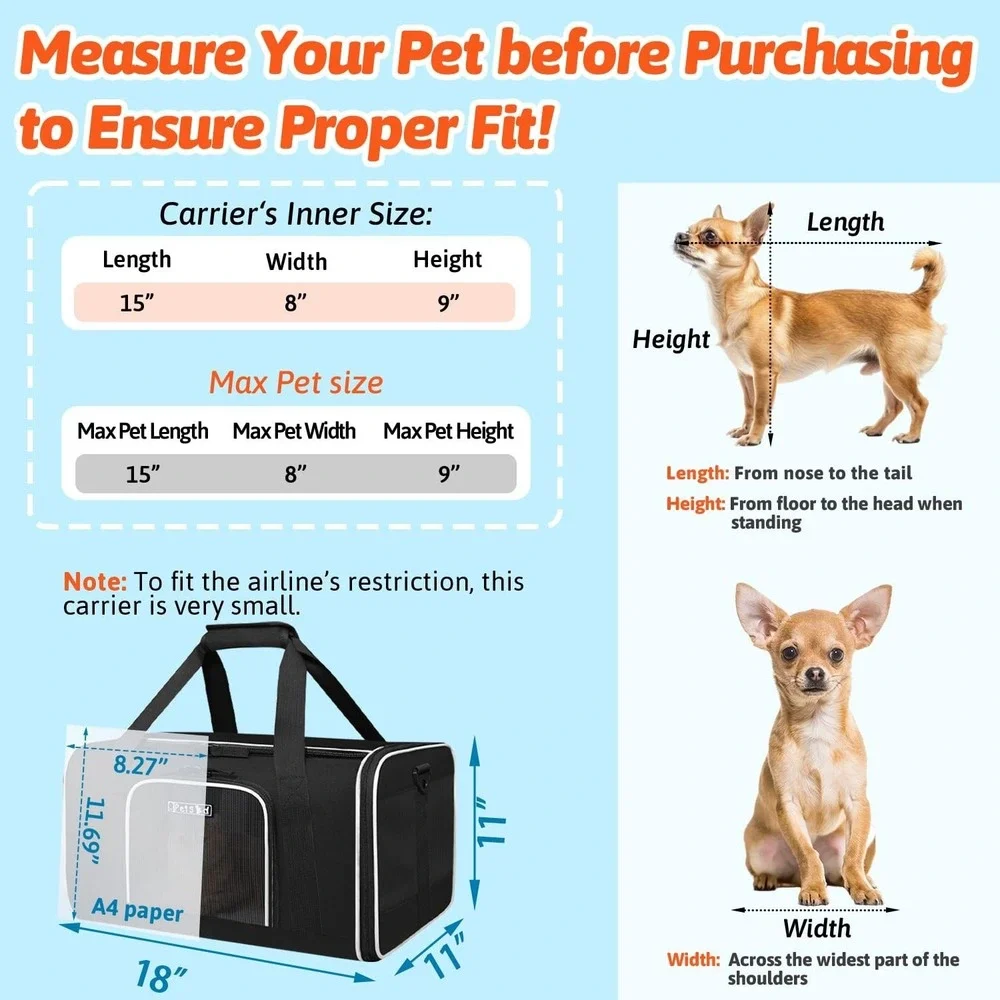 Petskd Rolling Pet Carrier 18x11x11 Airline Approved Small Dog Cat Travel Black